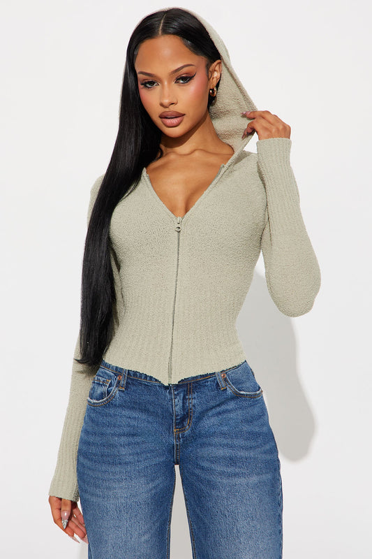 Pillow Talk Zip Front Ribbed Cardigan Sweater - Sage