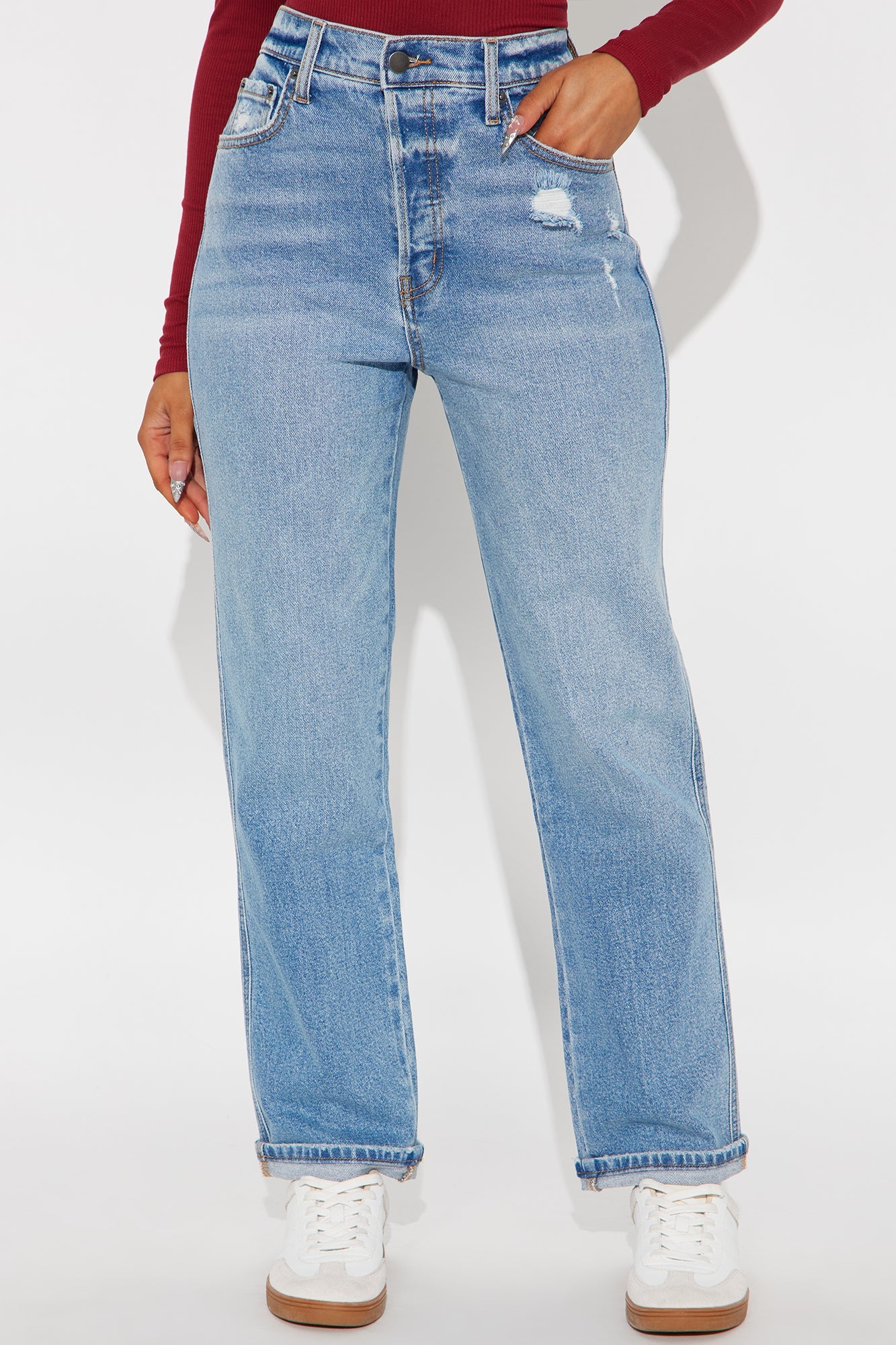90s Roll Cuff Mom Jeans - Light Wash