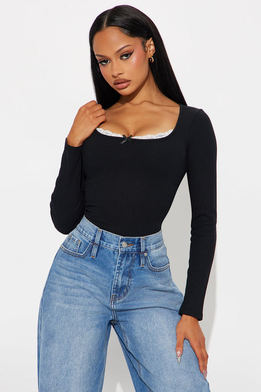 Jasmine Lace Trim Long Sleeve Top - Black