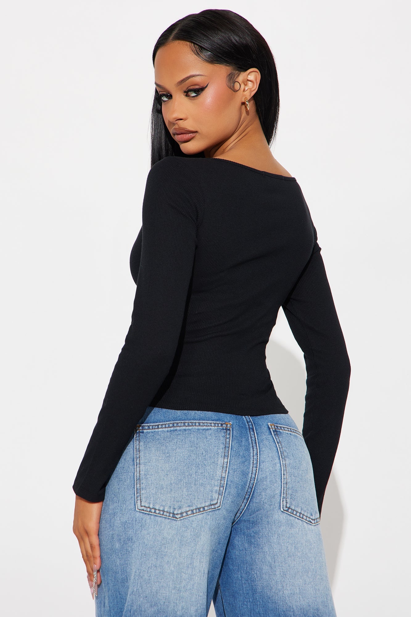 Jasmine Lace Trim Long Sleeve Top - Black