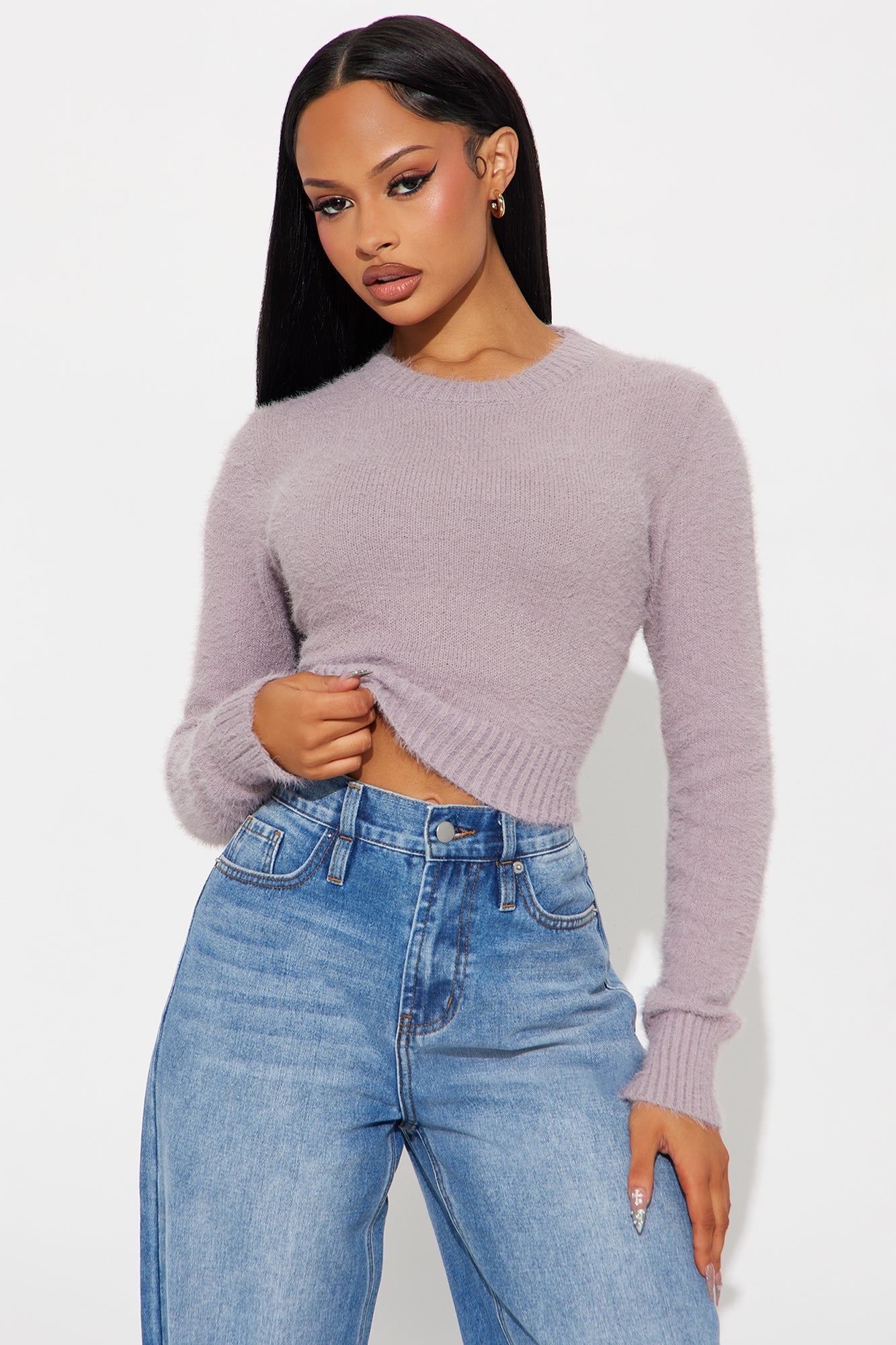 Alayna Crew Neck Fuzzy Sweater - Lavender