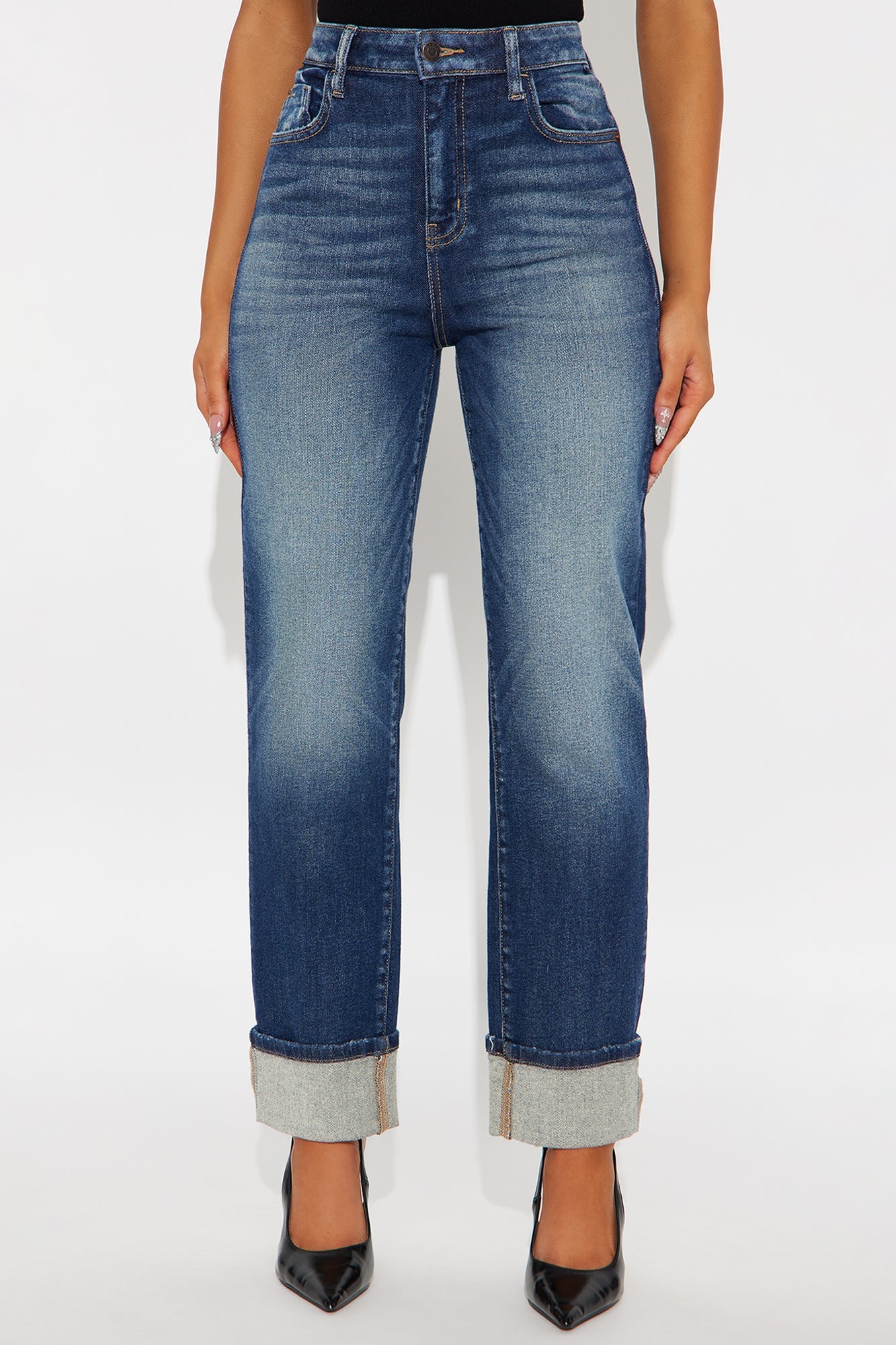 Houston High Rise Cuffed Straight Leg Jeans - Dark Wash