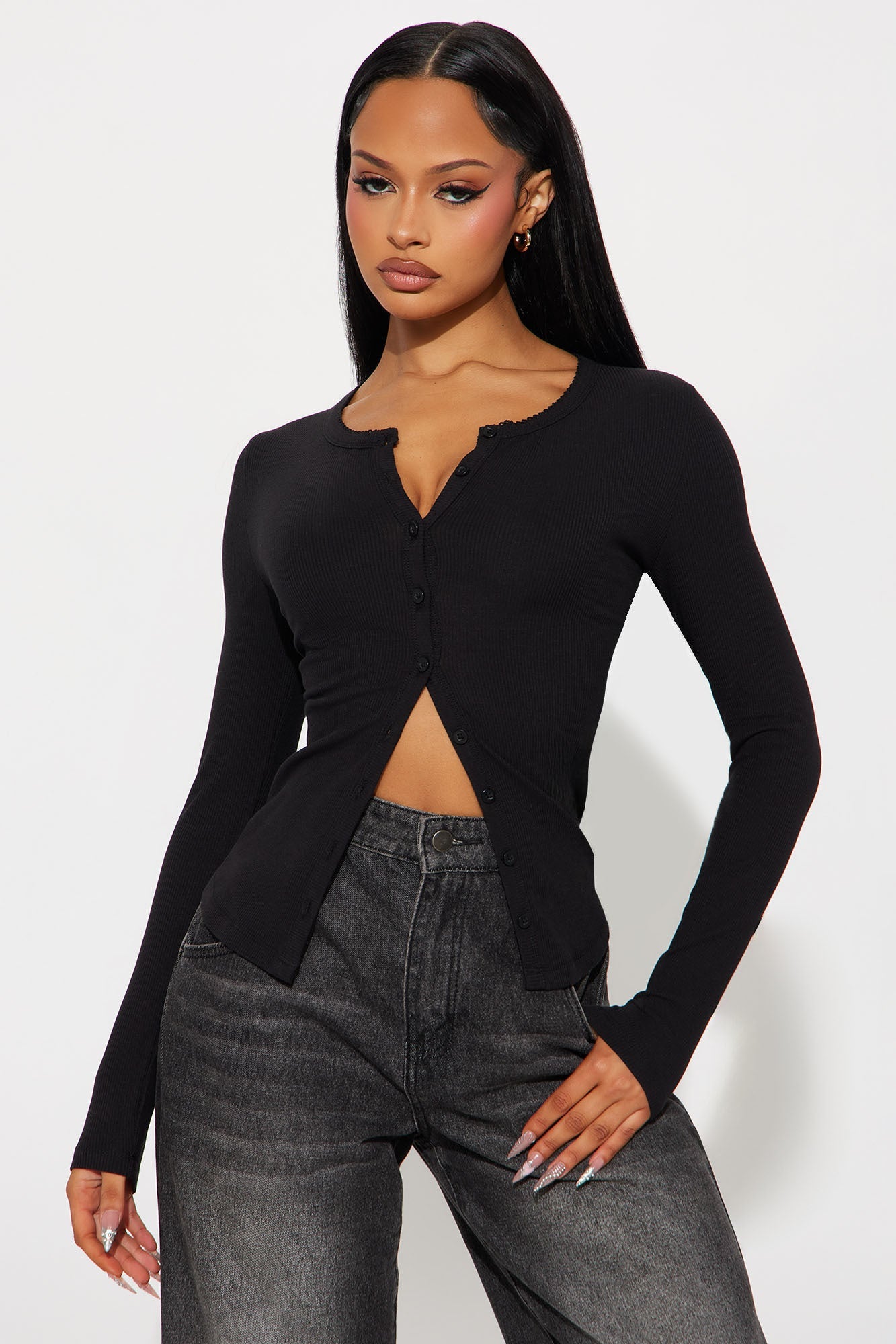 Maddie Button Up Ribbed Top - Black