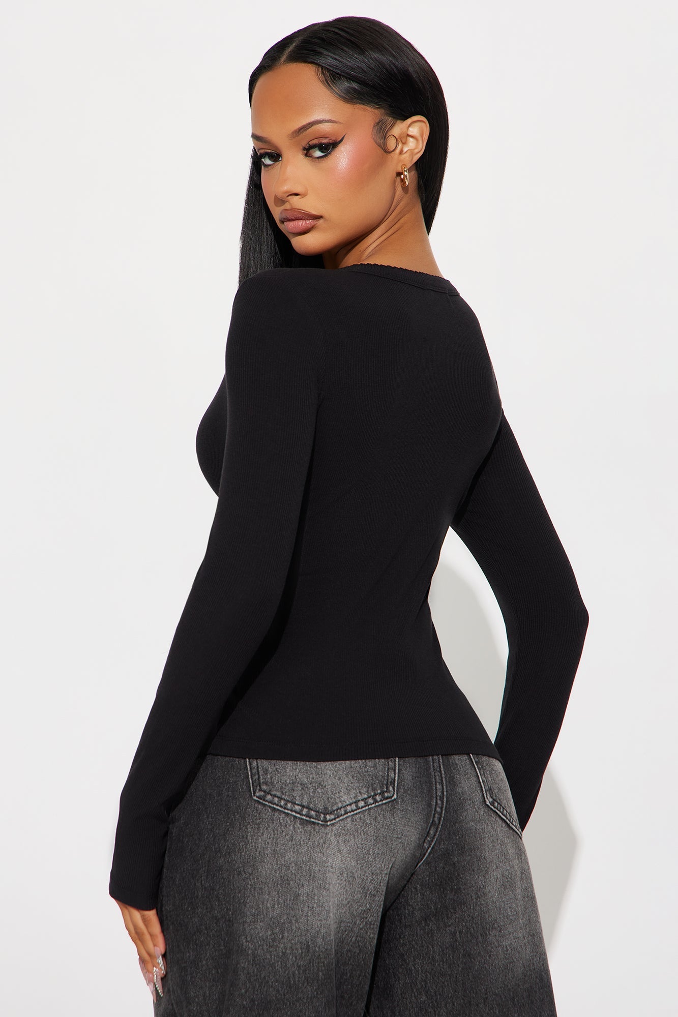 Maddie Button Up Ribbed Top - Black