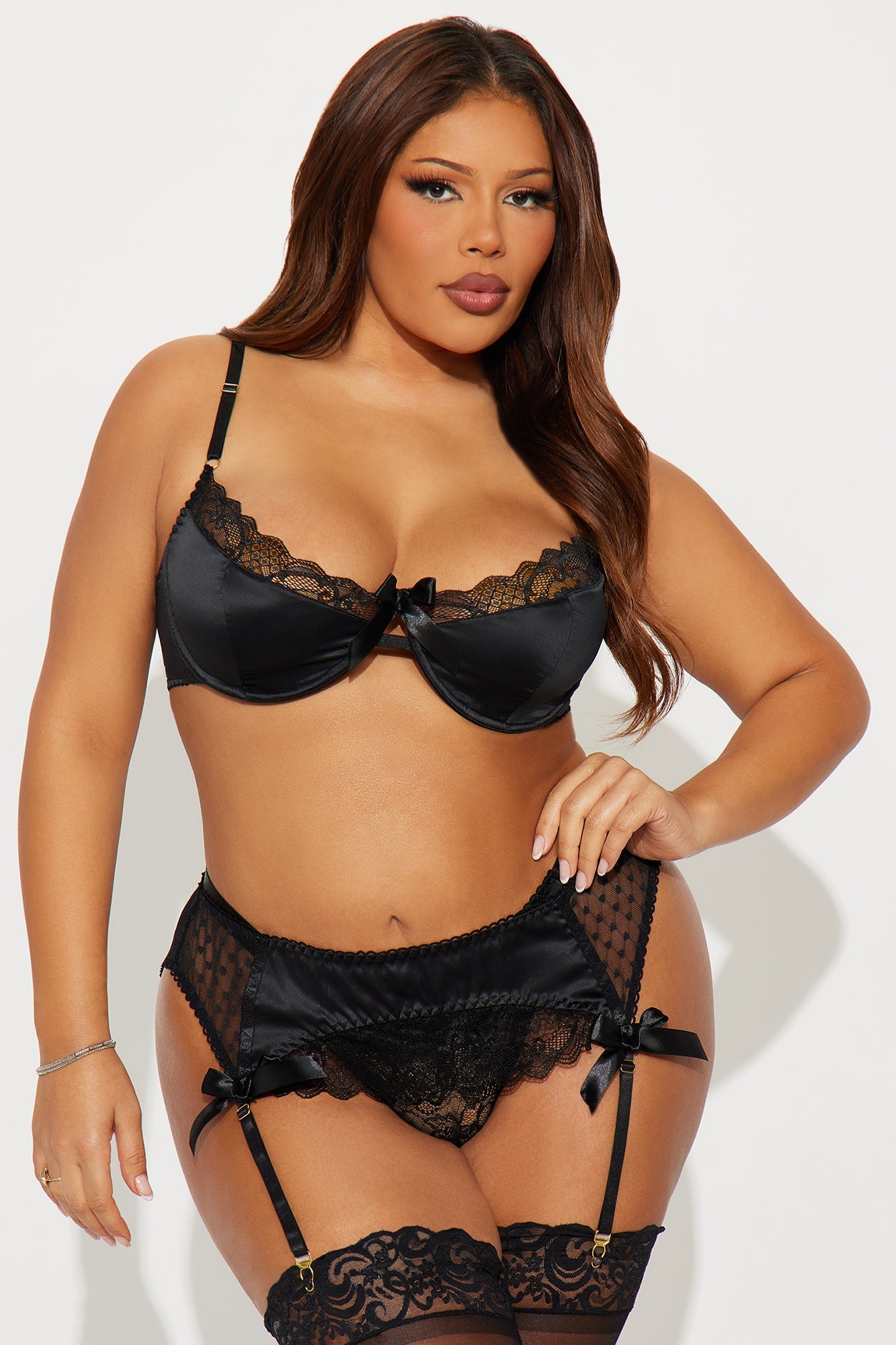 Mikayla 3 Piece Satin Bra And Panty Garter Set - Black