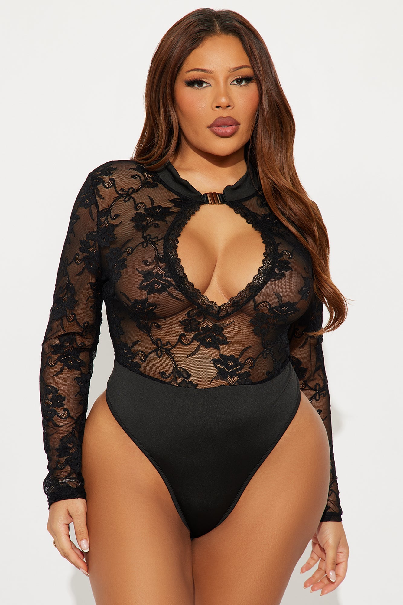 Lace Me Up Long Sleeve Hardware Bodystocking - Black