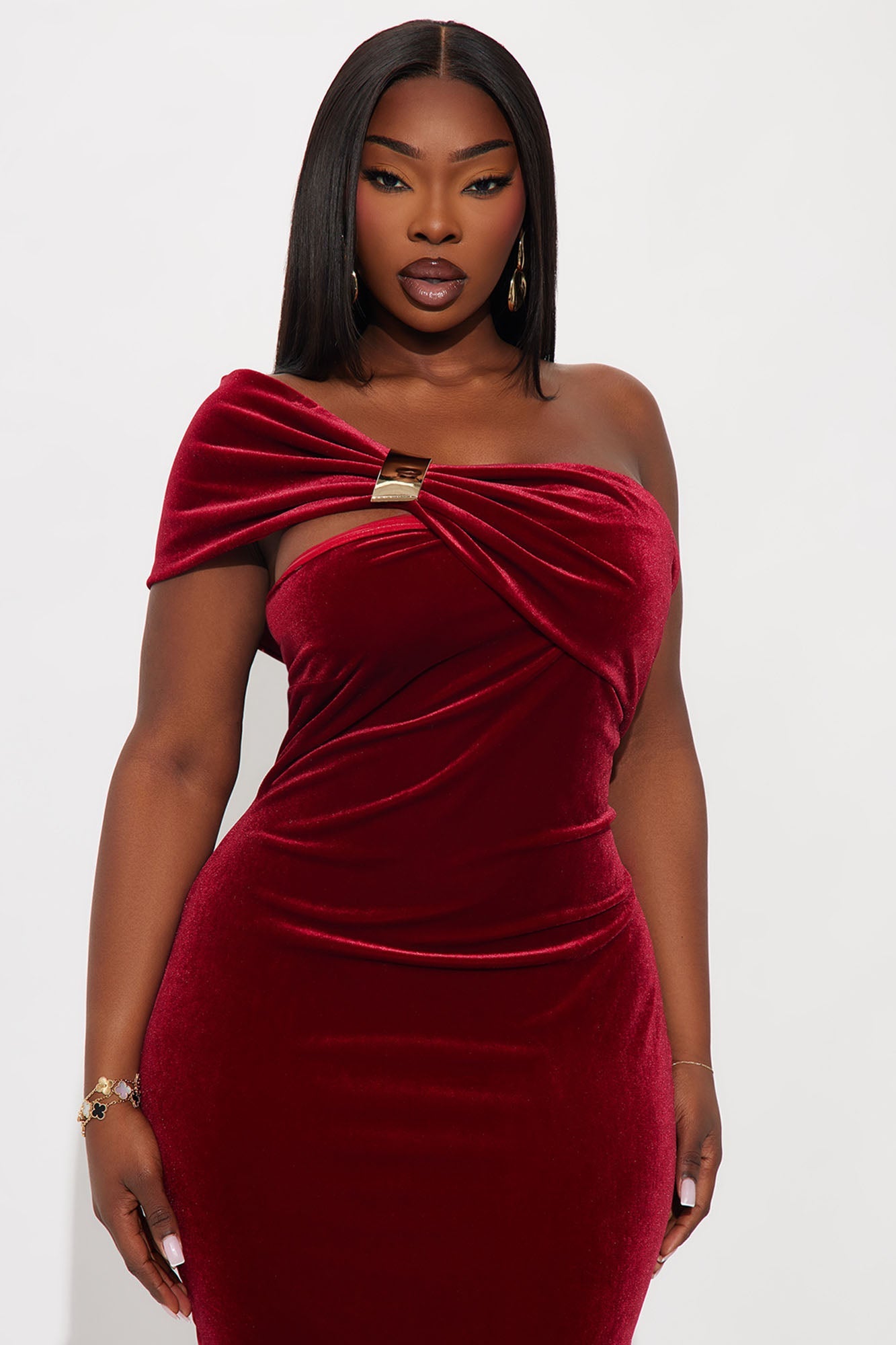 Nalani One Shoulder Velvet Midi Dress - Red