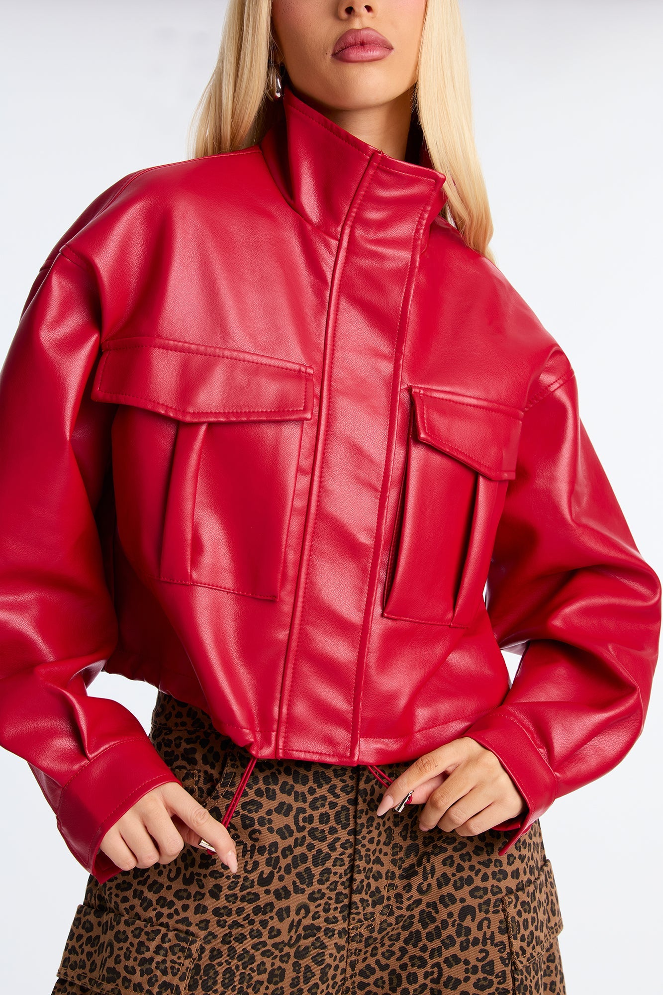 No Hard Feelings Faux Leather Cropped Bomber Jacket - DarkRed