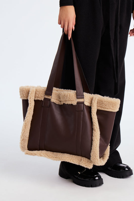 Furever Chic Faux Leather Fur Trim Tote - Brown