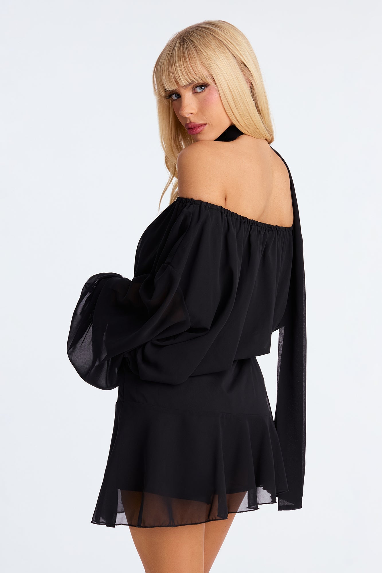 Fiona Chiffon Scarf Long Sleeve Romper - Black