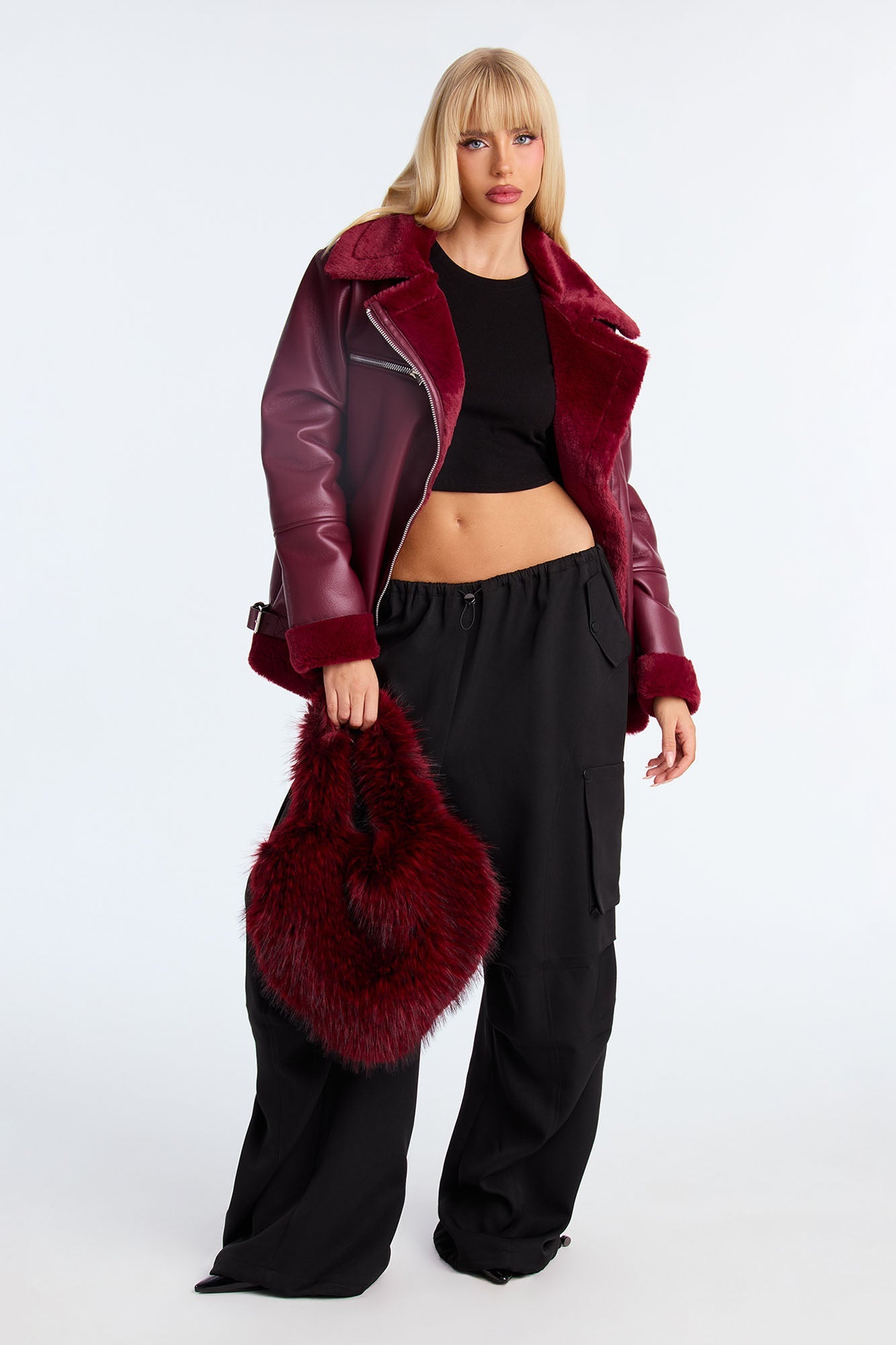 Chic Bad Ass Faux Leather Jacket - Burgundy