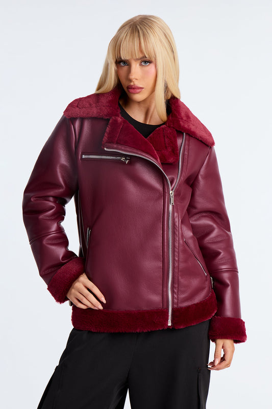 Chic Bad Ass Faux Leather Jacket - Burgundy