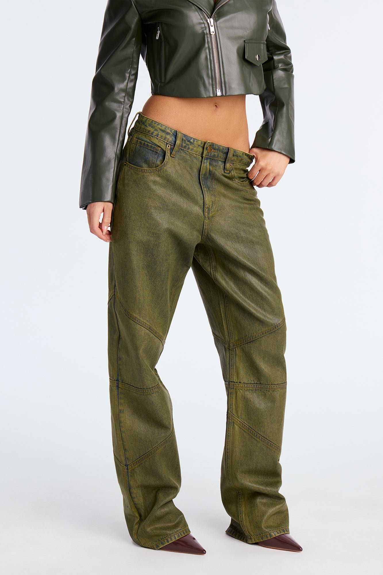 Clinton Coated Loose Fit Jeans - Olive