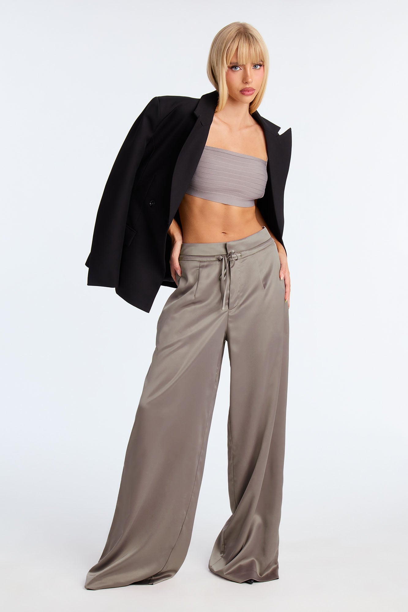Avani Wide Leg Satin Pant 33 - Grey
