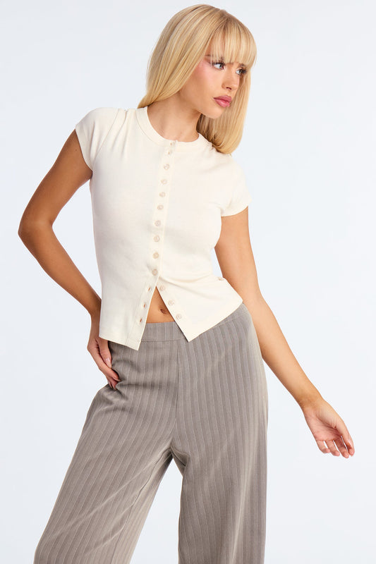 Freya Button Up Short Sleeve Top - Ivory