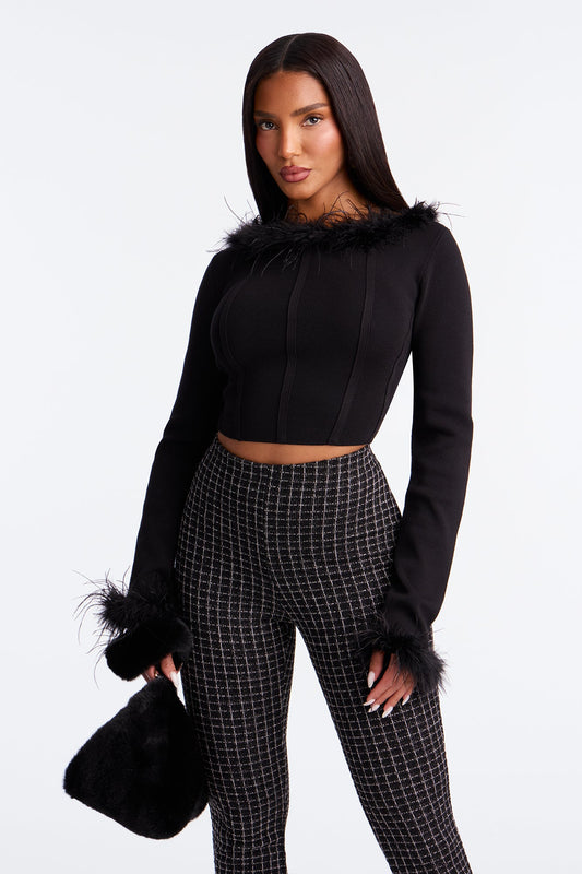 Party For Two Feather Sweater Top - Black