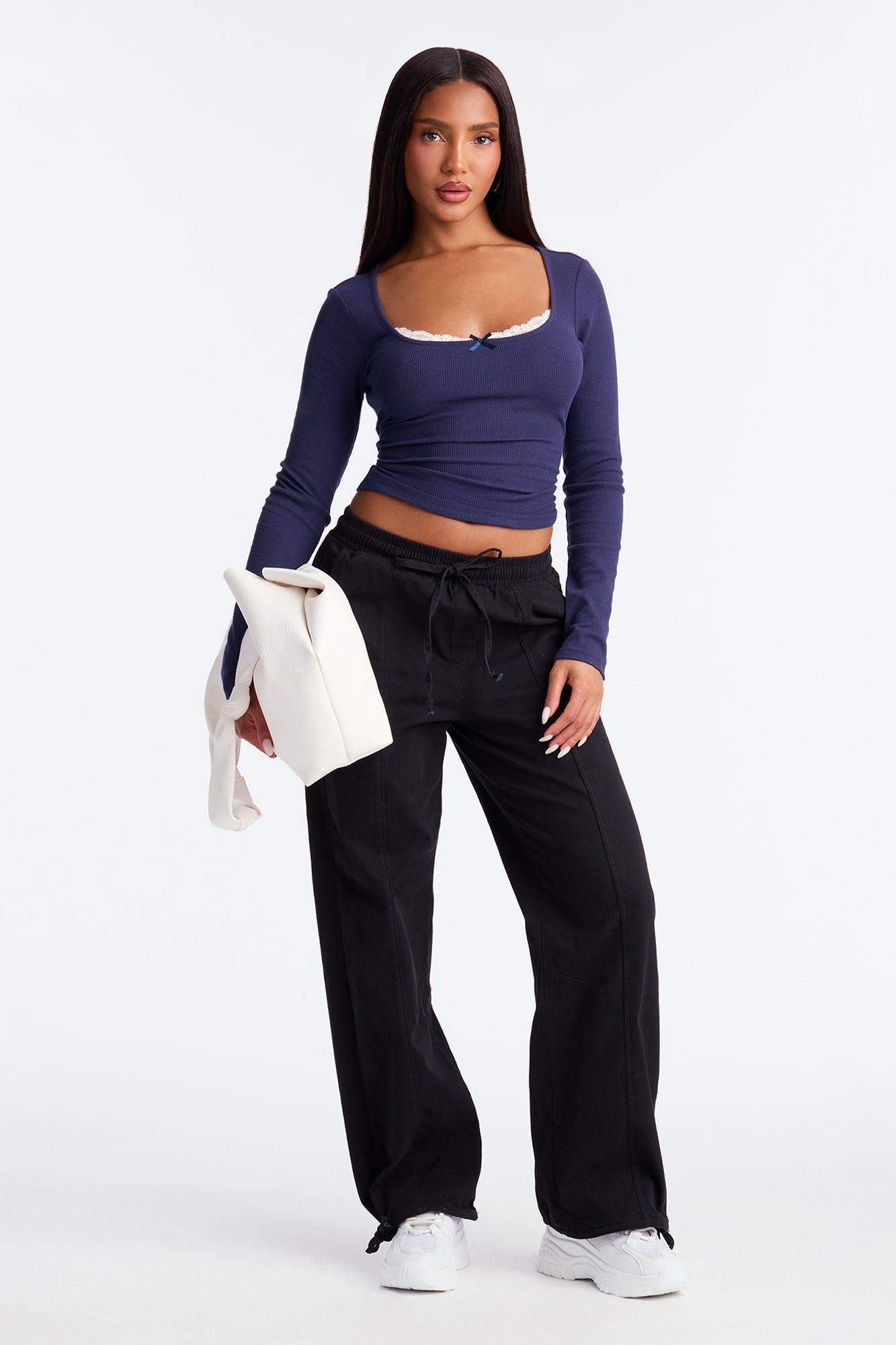 Jasmine Lace Trim Long Sleeve Top - Navy