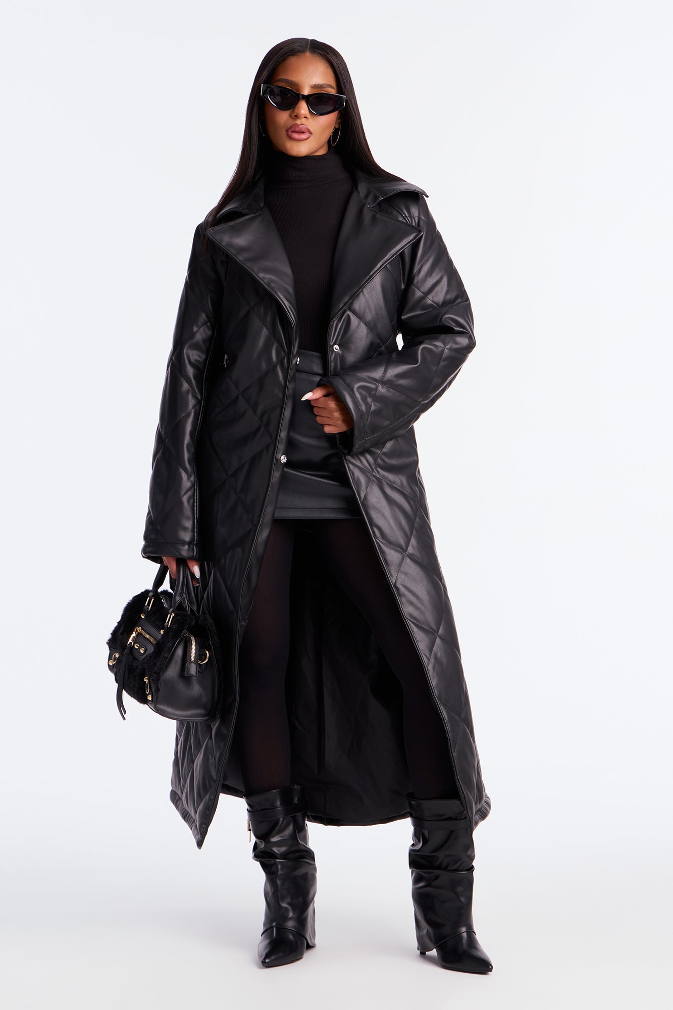 Fabiola Quilted Faux Leather Trench Coat - Black