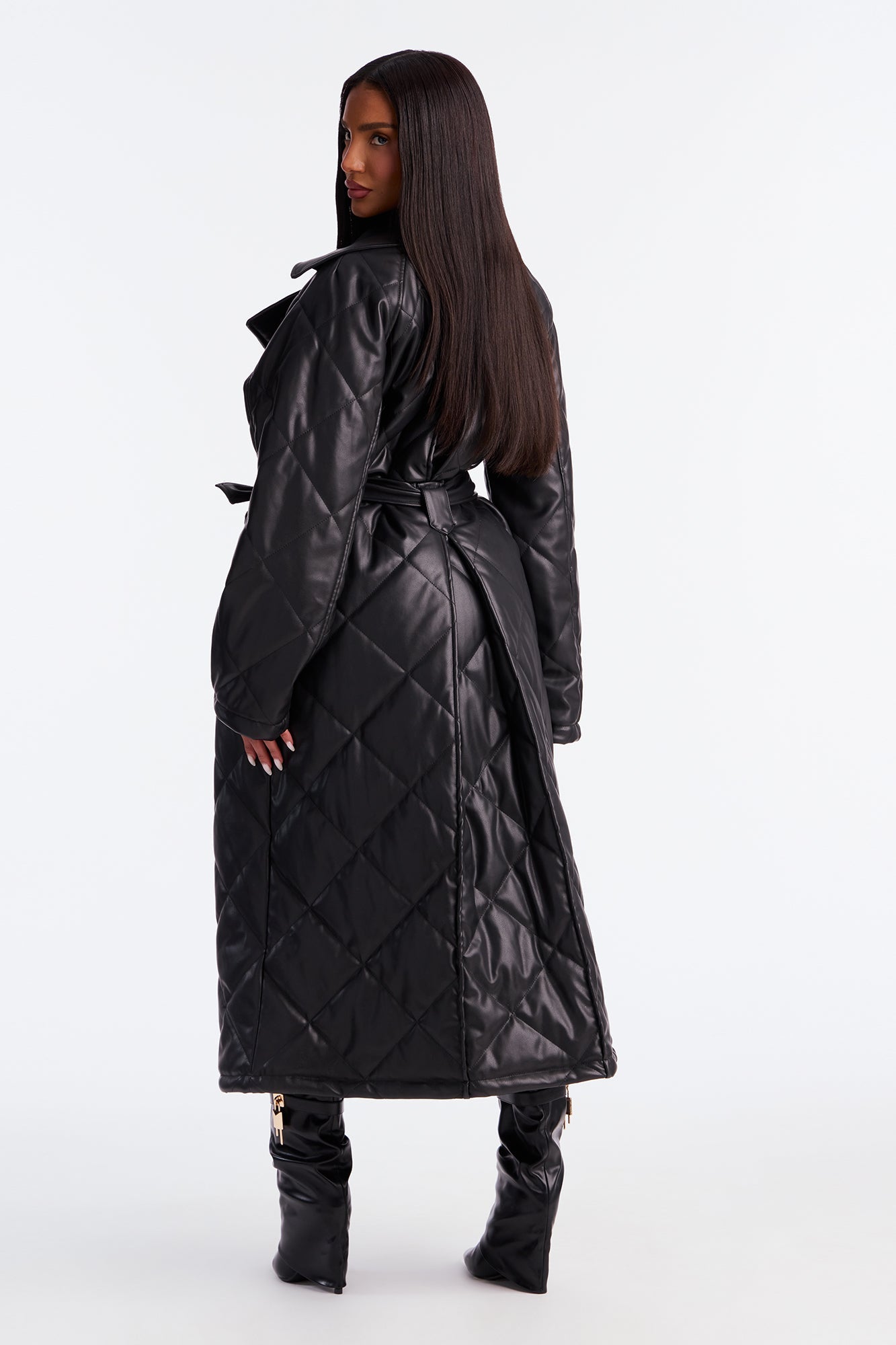Fabiola Quilted Faux Leather Trench Coat - Black