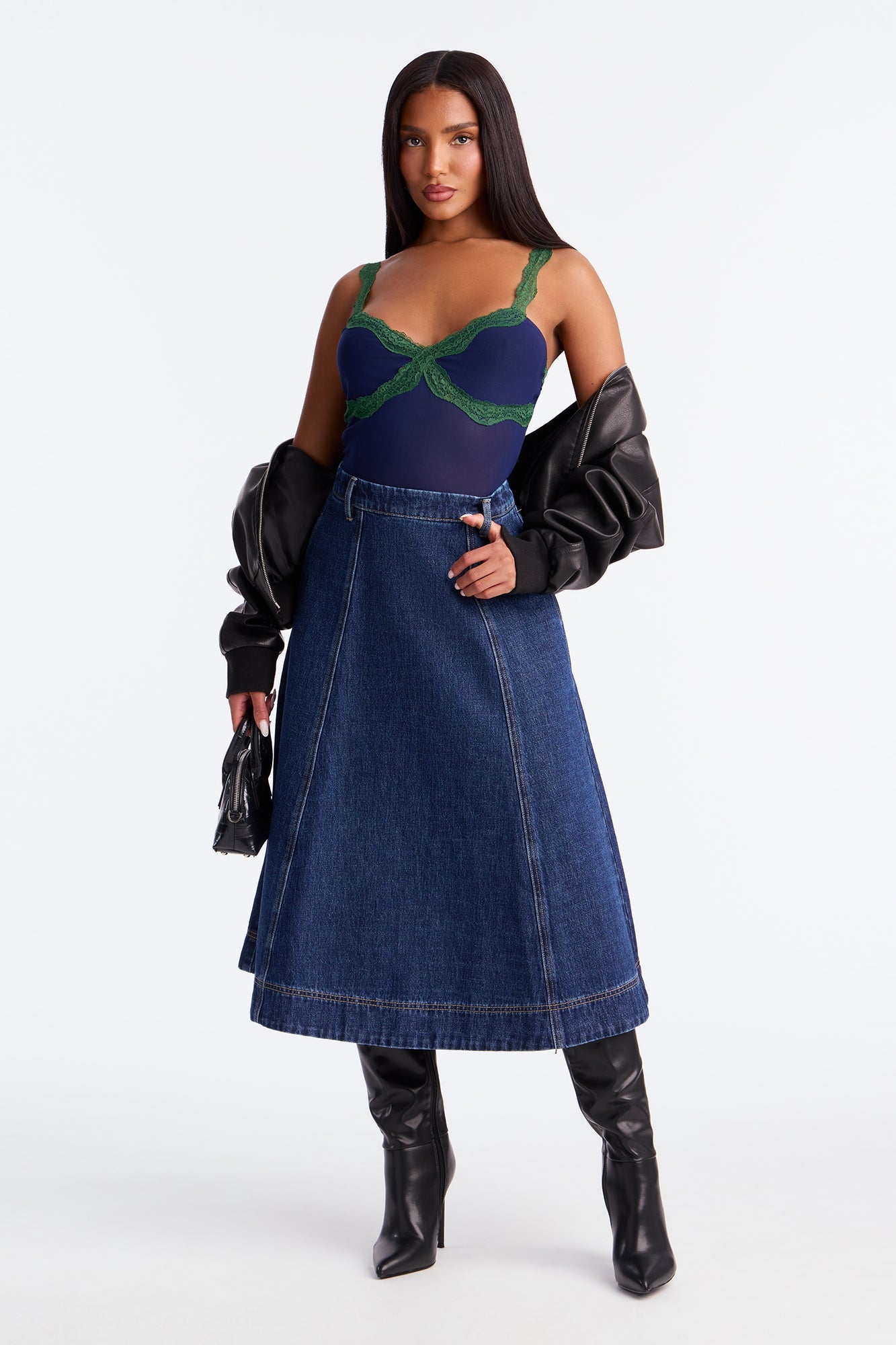 Keira A-Line Denim Midi Skirt - Dark Wash