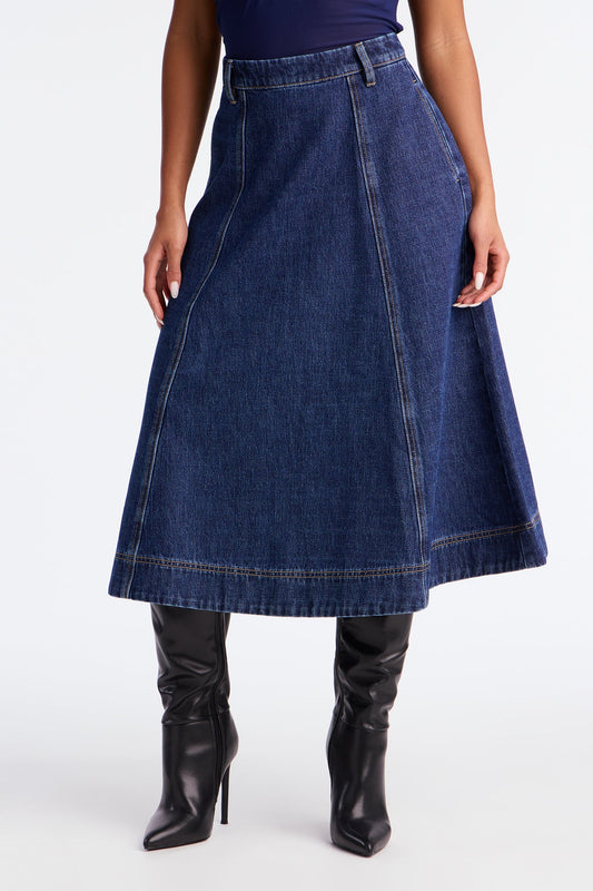 Keira A-Line Denim Midi Skirt - Dark Wash