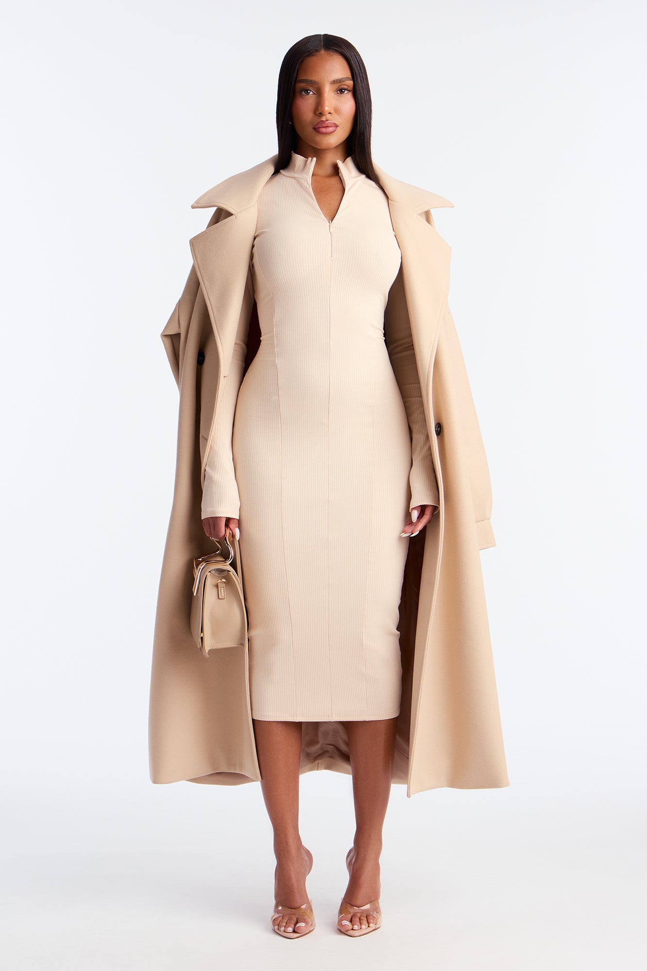 Mia Zip Long Sleeve Snatched Midi Dress - Cream