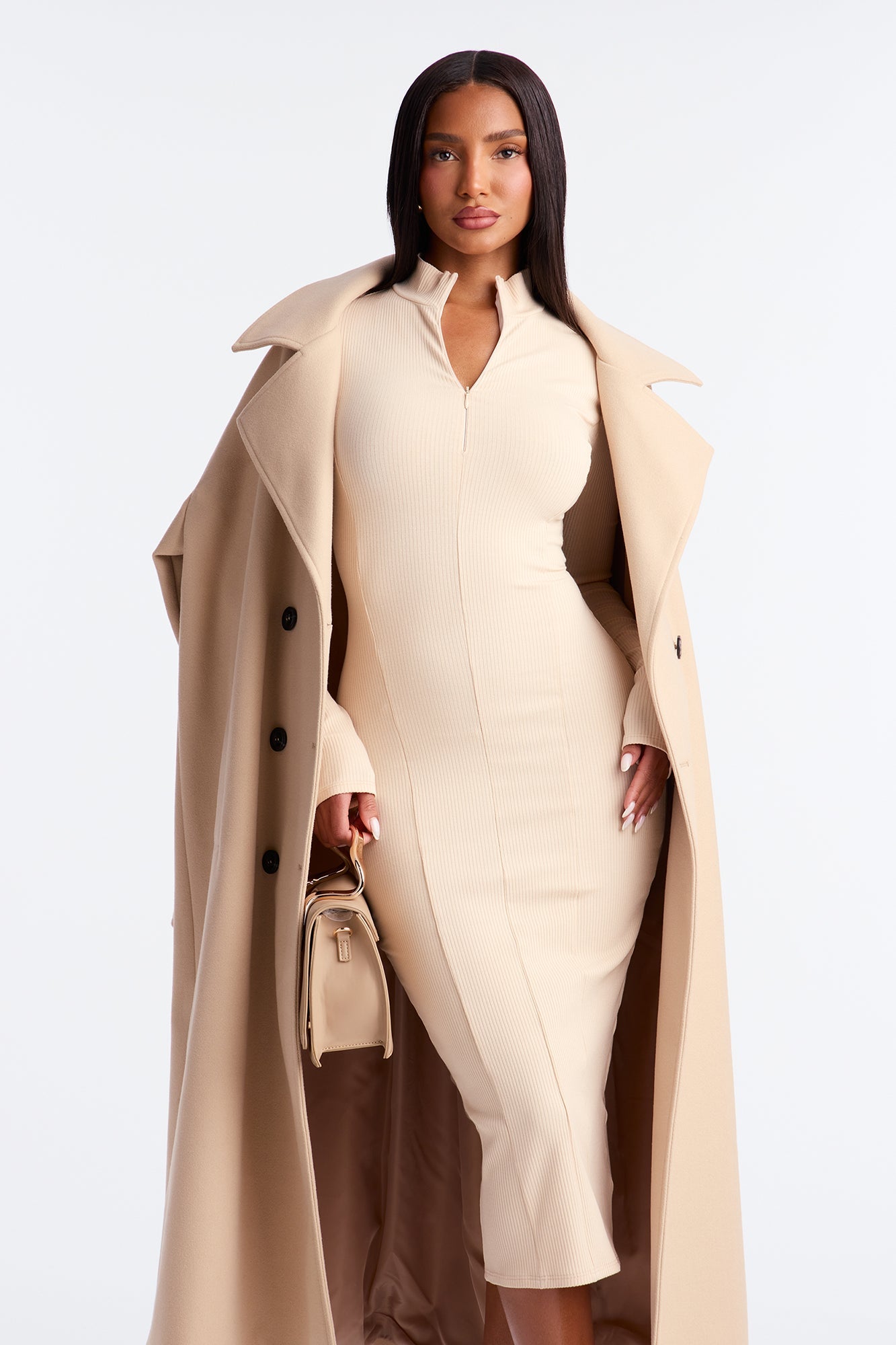Mia Zip Long Sleeve Snatched Midi Dress - Cream