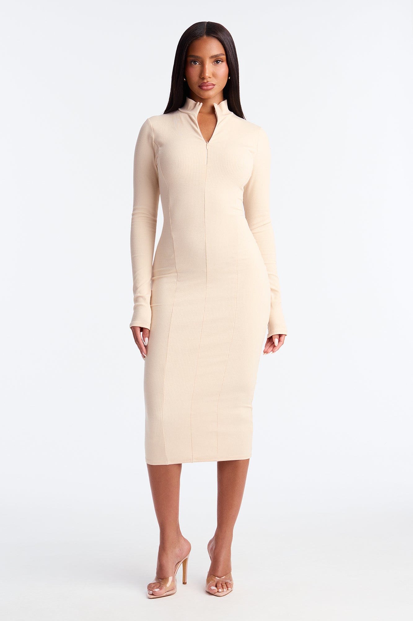 Mia Zip Long Sleeve Snatched Midi Dress - Cream