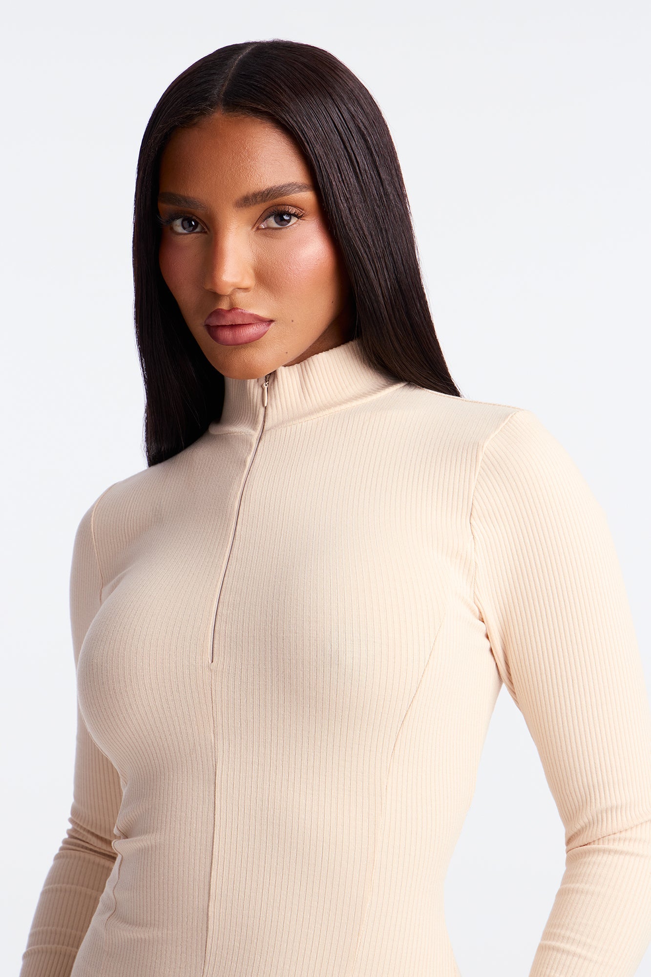 Mia Zip Long Sleeve Snatched Midi Dress - Cream