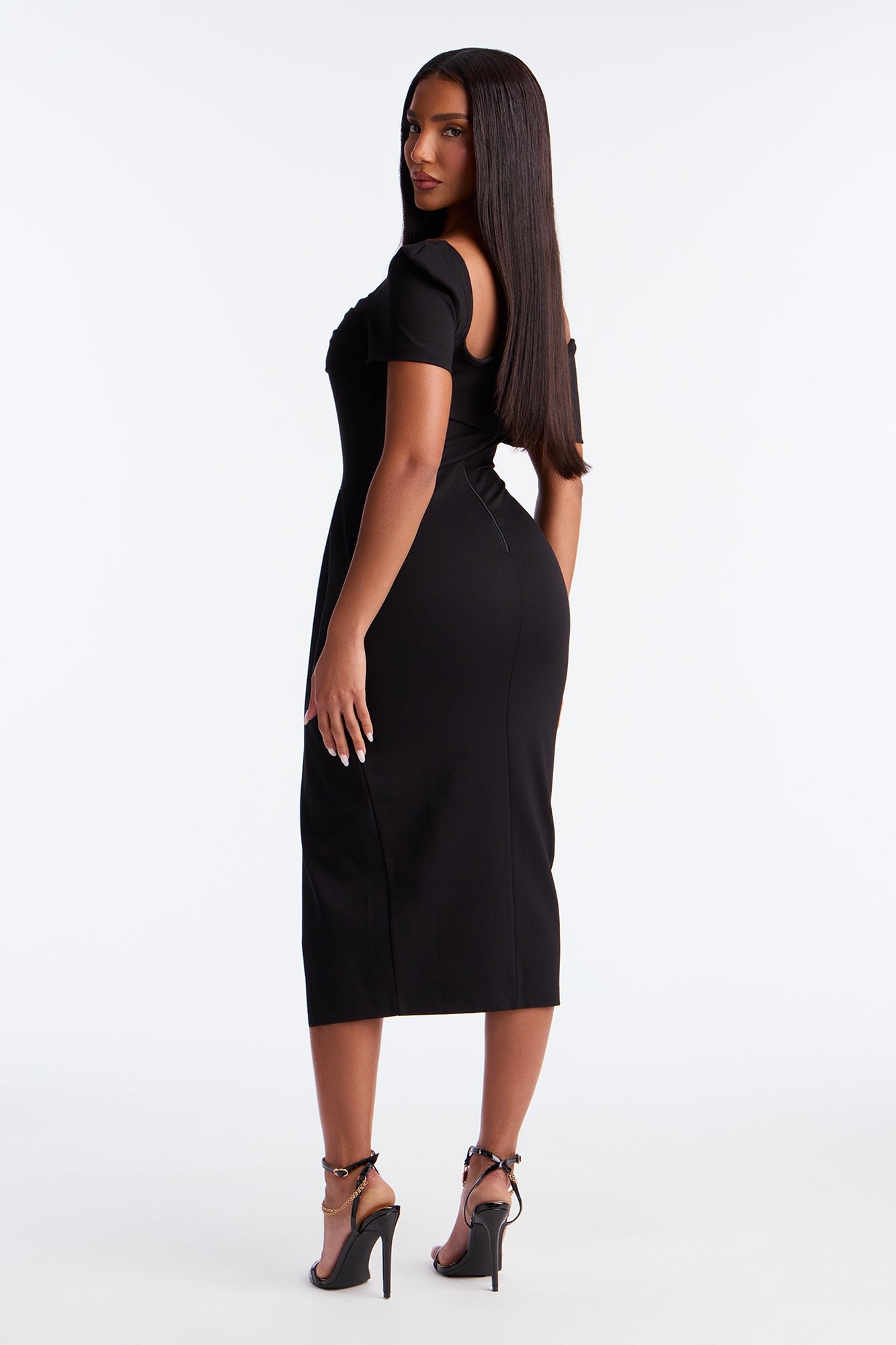 Sadie Short Sleeve Body Sculpting Ponte Midi Dress - Black