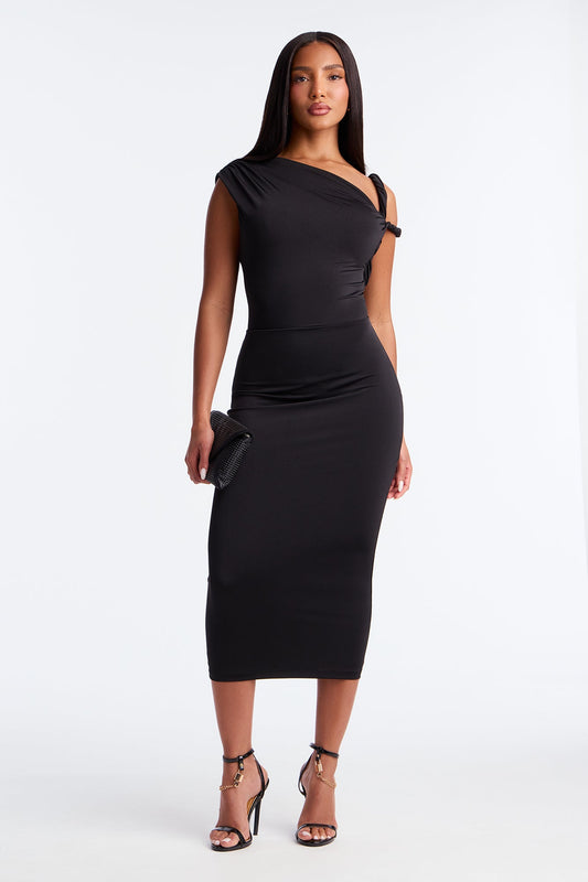 Maybelle One Shoulder Midi Dress - Black