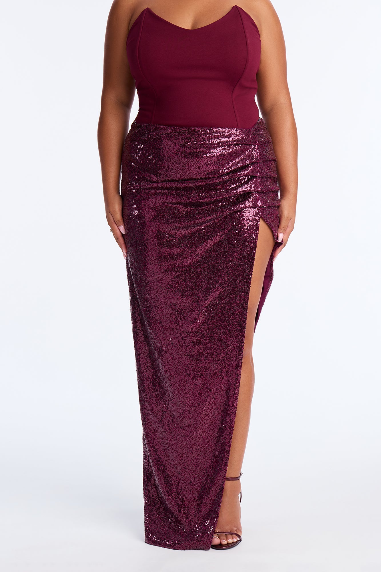 Stepping Out Ruched High Slit Sequin Maxi - Plum
