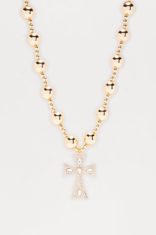 Cross My Heart Rhinestone Pendant Necklace - Gold