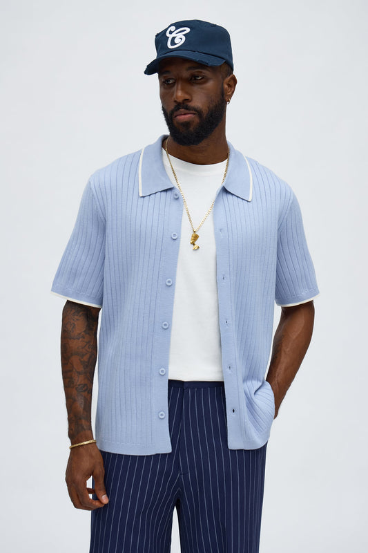 Garrison Knitted Button Up Shirt - Blue
