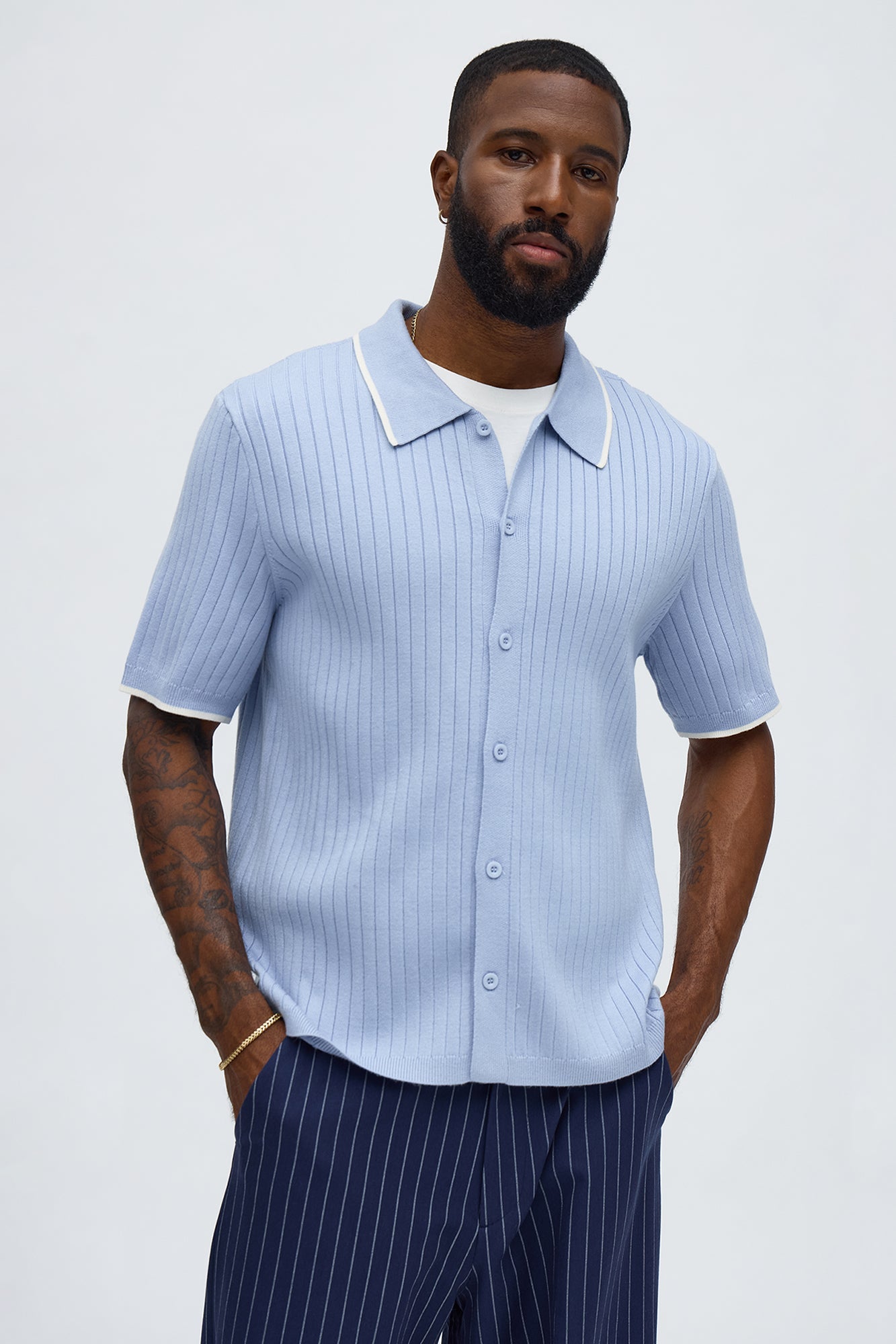 Garrison Knitted Button Up Shirt - Blue