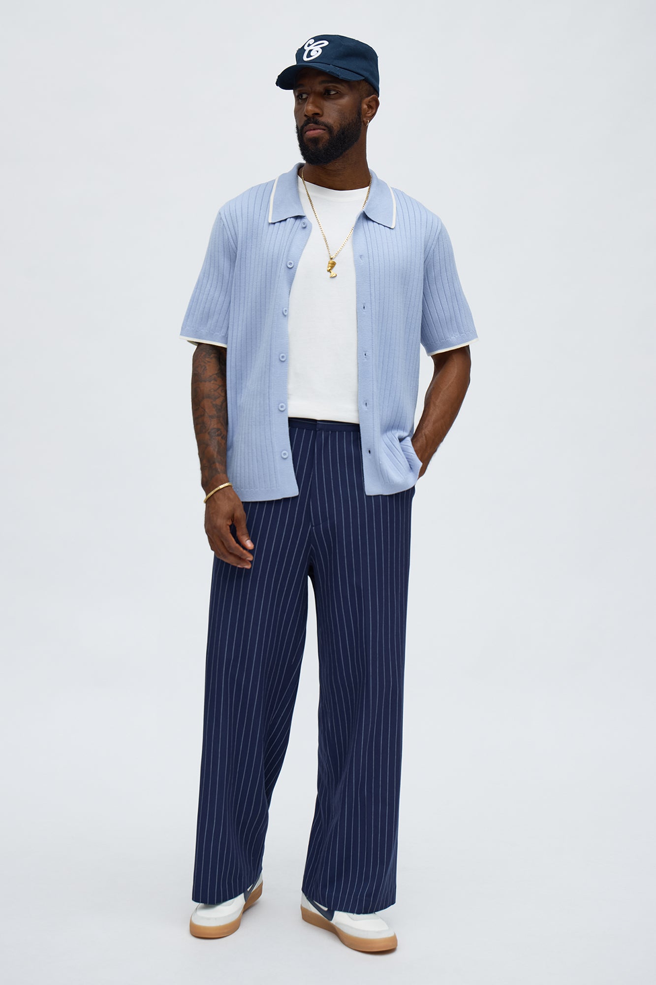 Wide Leg Straight Striped Trouser - Navy