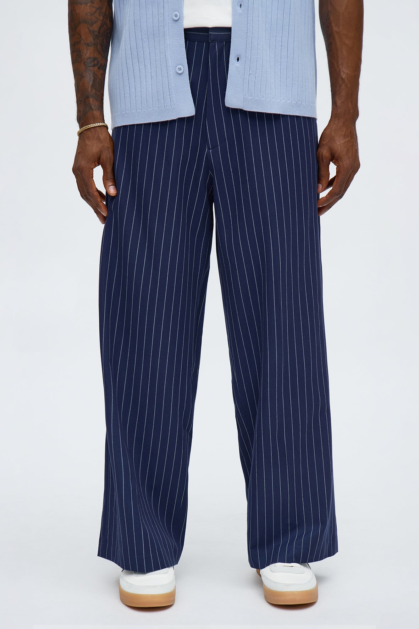 Wide Leg Straight Striped Trouser - Navy
