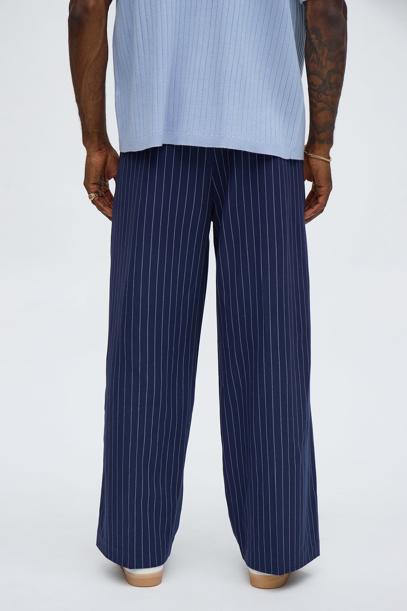 Wide Leg Straight Striped Trouser - Navy