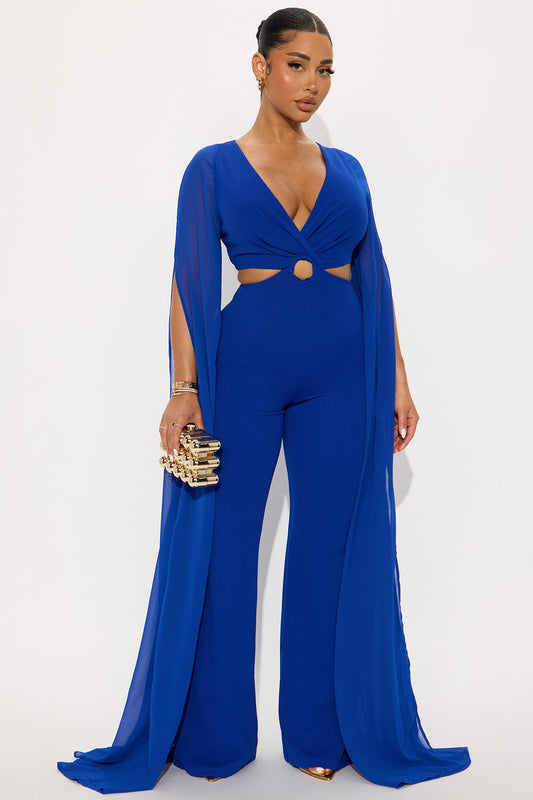 Gemma Draped Mesh Jumpsuit - Royal