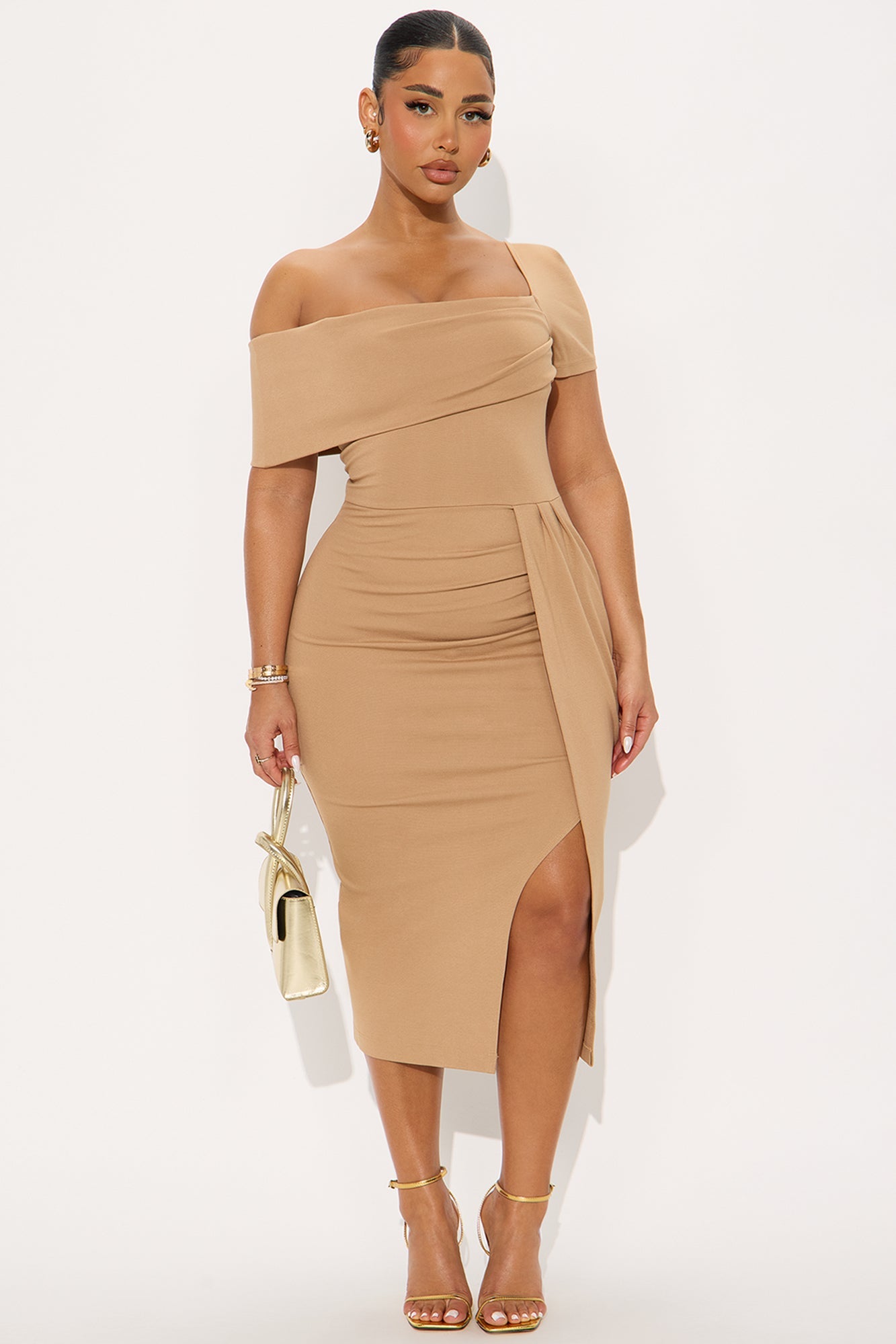 Sadie Short Sleeve Body Sculpting Ponte Midi Dress - Mocha