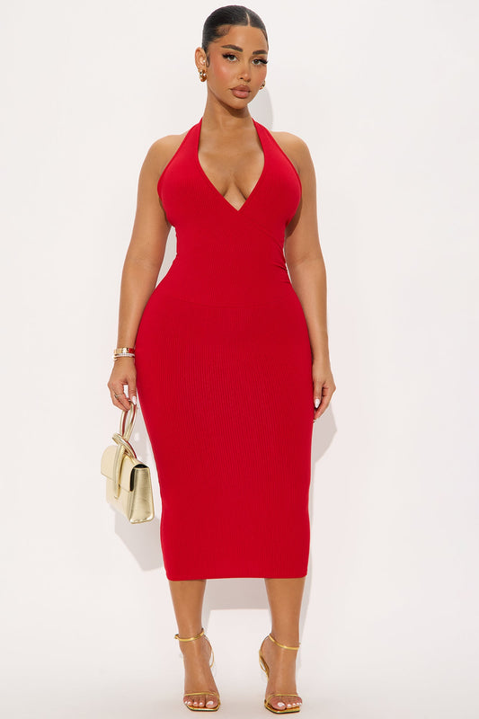 Noa Backless Snatched Midi Dress - Red
