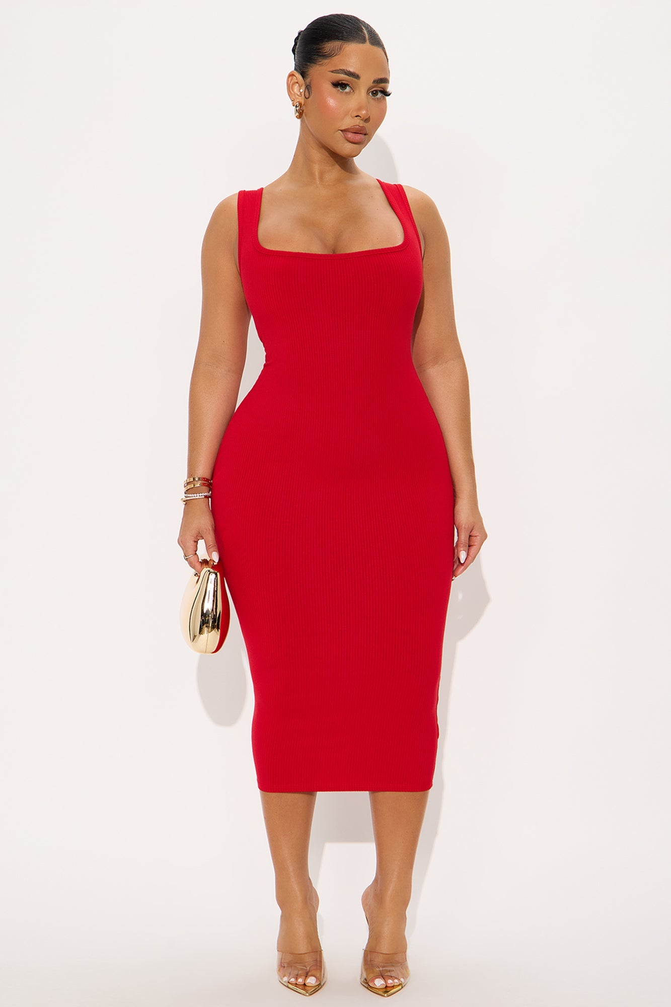Sara Square Neck Snatched Midi Dress - Red