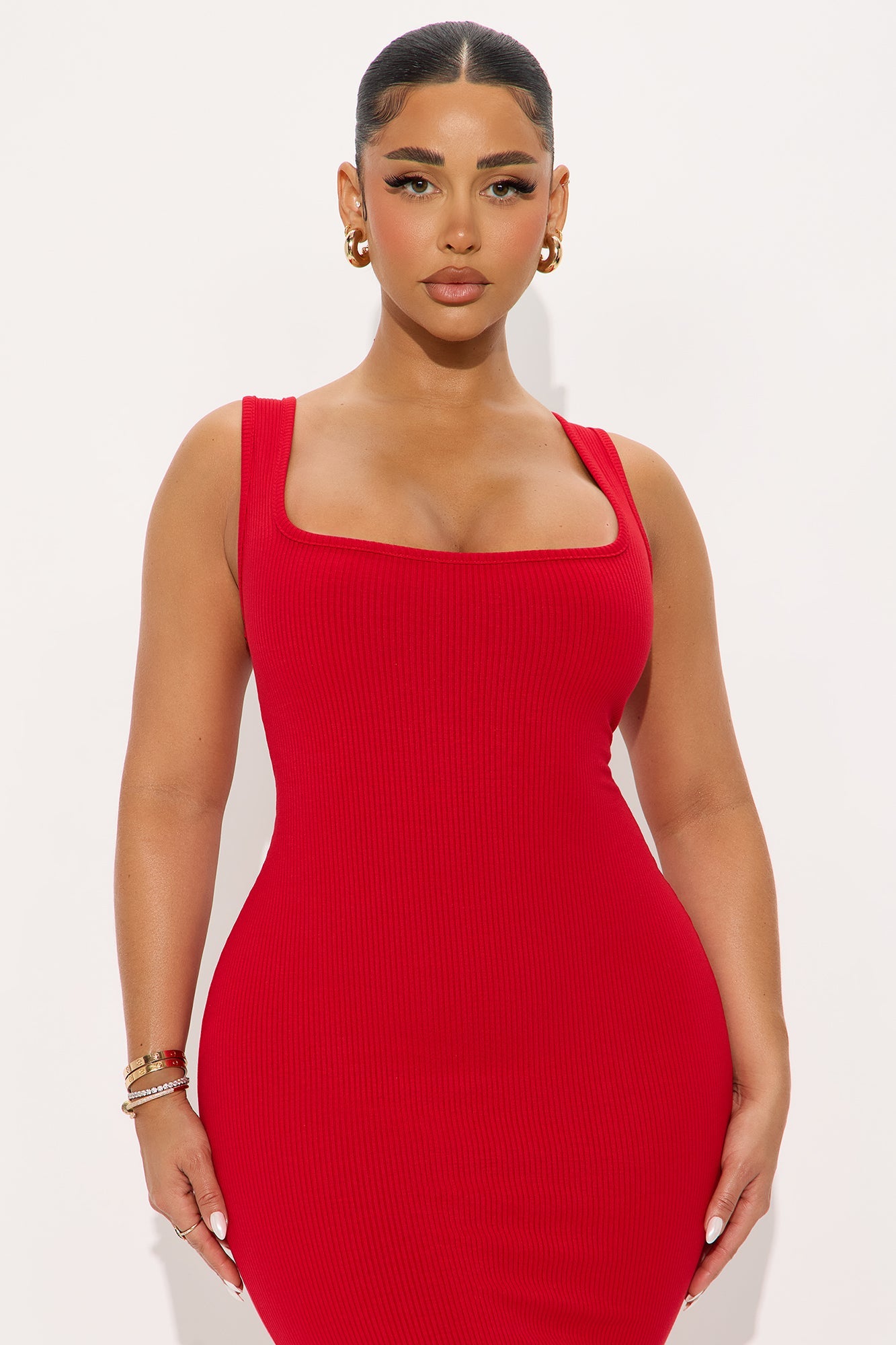 Sara Square Neck Snatched Midi Dress - Red