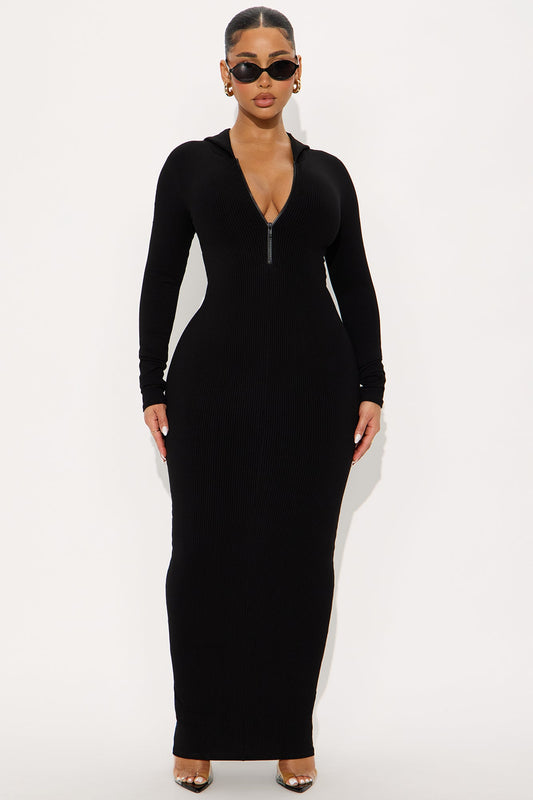 Lila Hooded Snatched Maxi Dress - Black