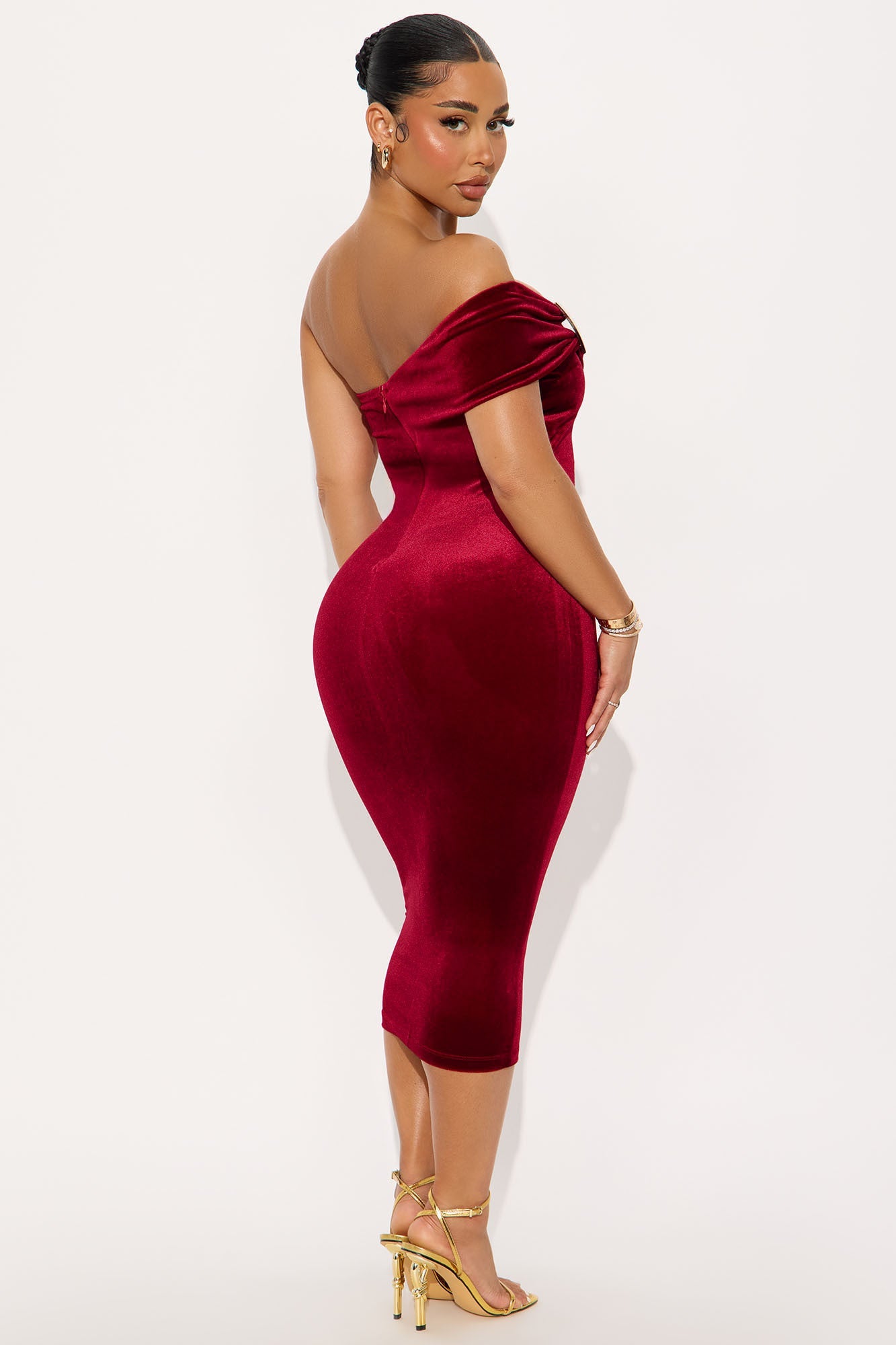 Nalani One Shoulder Velvet Midi Dress - Red