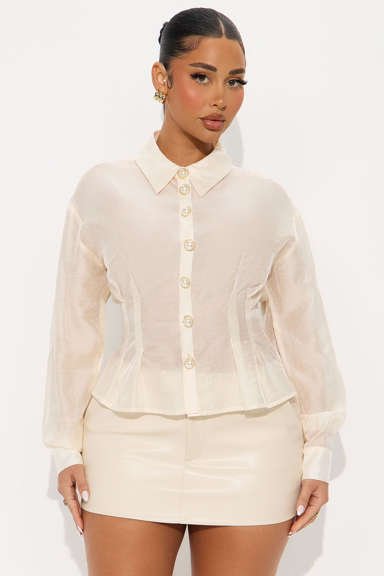 Pearl Pressure Long Sleeve Blouse - Cream