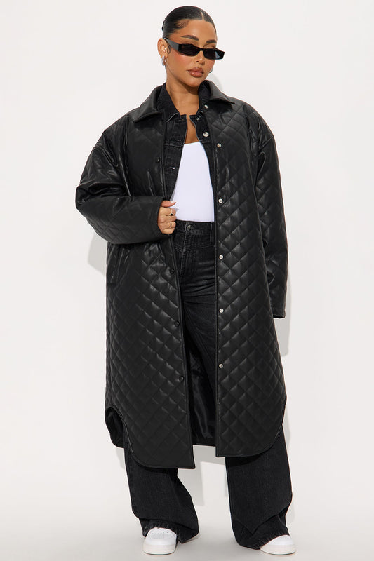 Street Smart Oversized Quilted Faux Leather Coat - Black