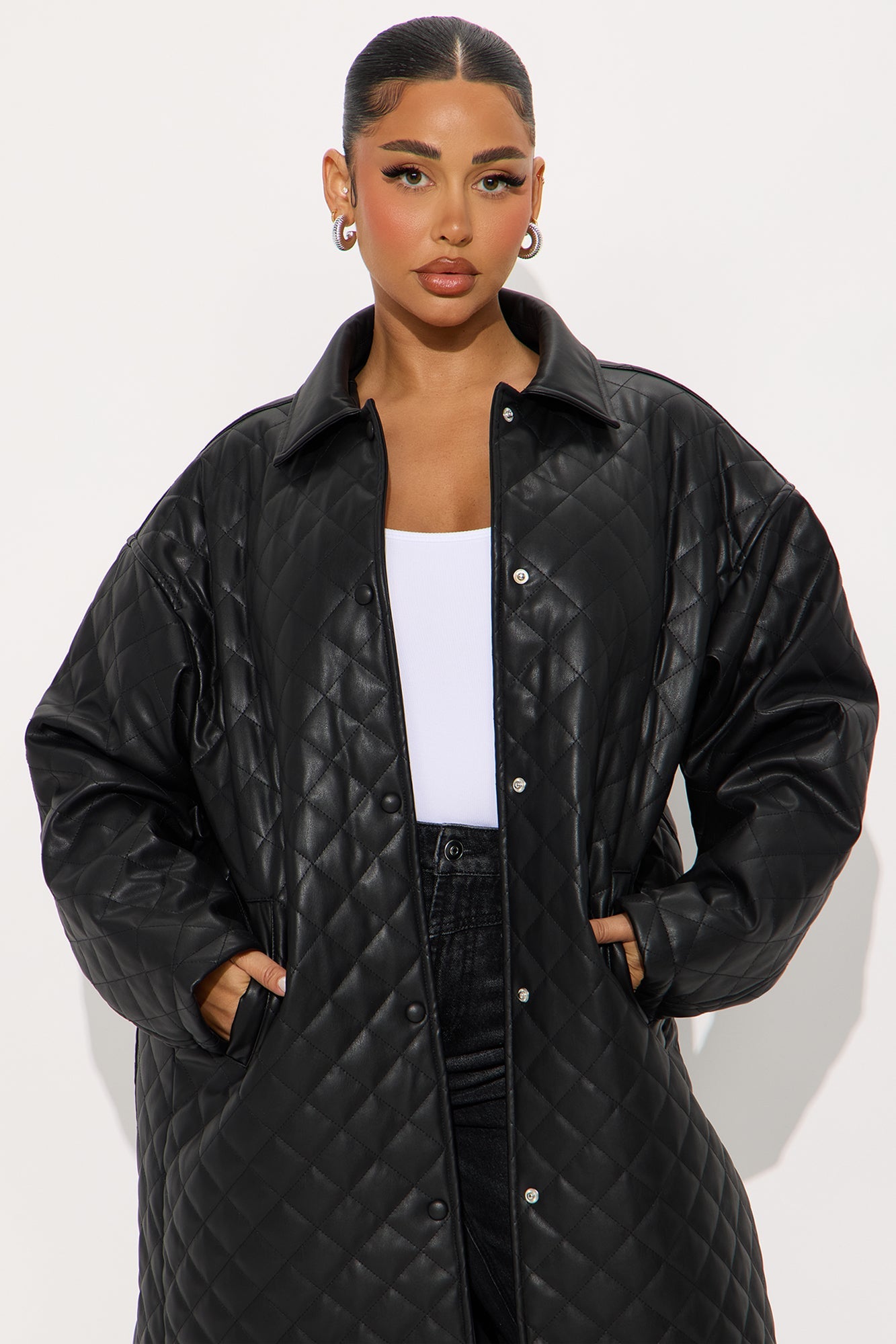 Street Smart Oversized Quilted Faux Leather Coat - Black