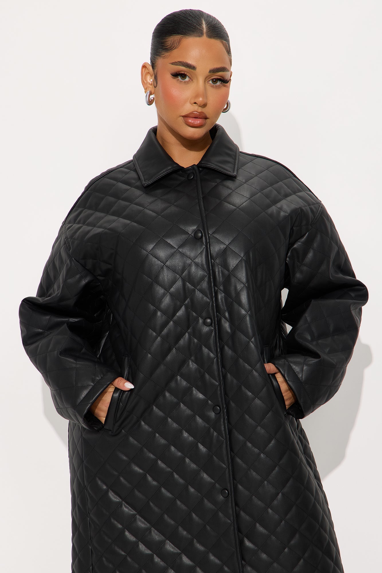 Street Smart Oversized Quilted Faux Leather Coat - Black