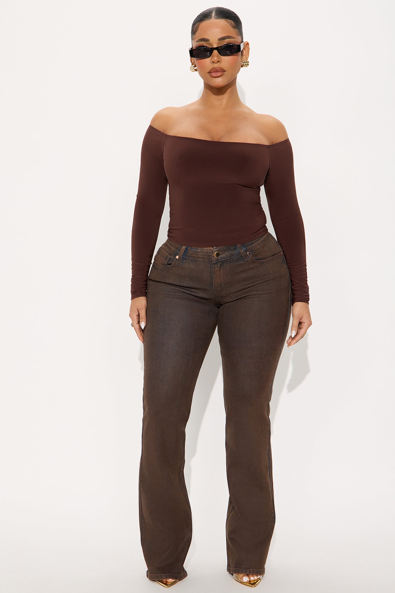 Classic Coated Low Rise Bootcut Jeans - Brown